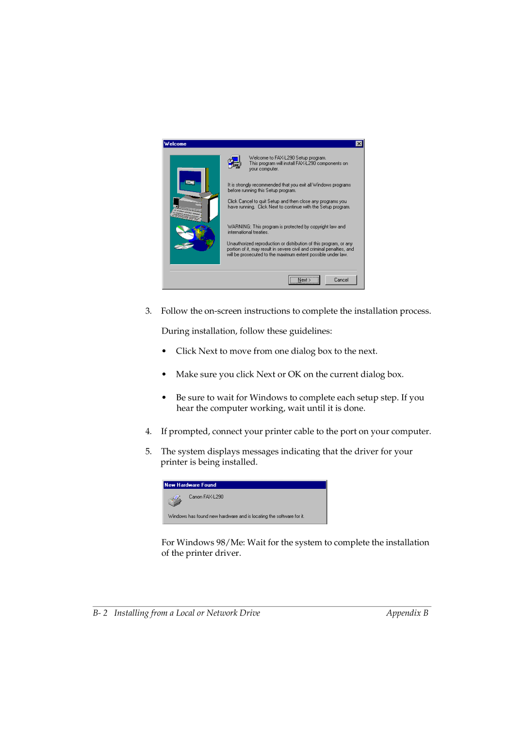 Canon L290 manual Installing from a Local or Network Drive Appendix B 