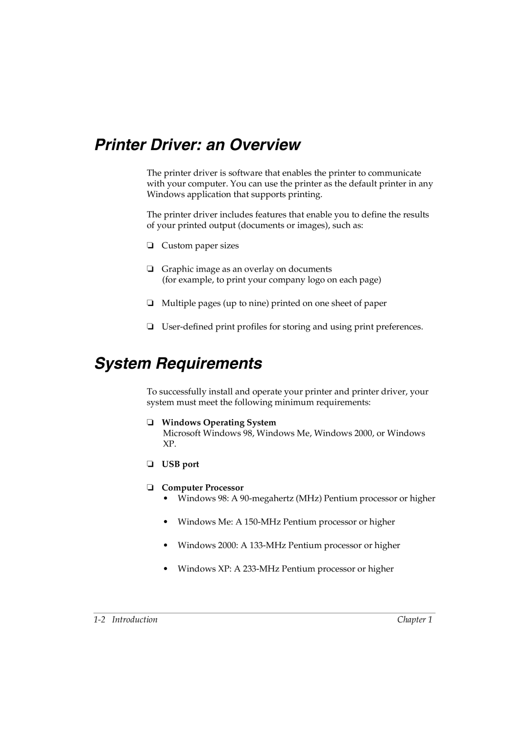 Canon L290 manual Printer Driver an Overview, System Requirements, Windows Operating System, USB port Computer Processor 