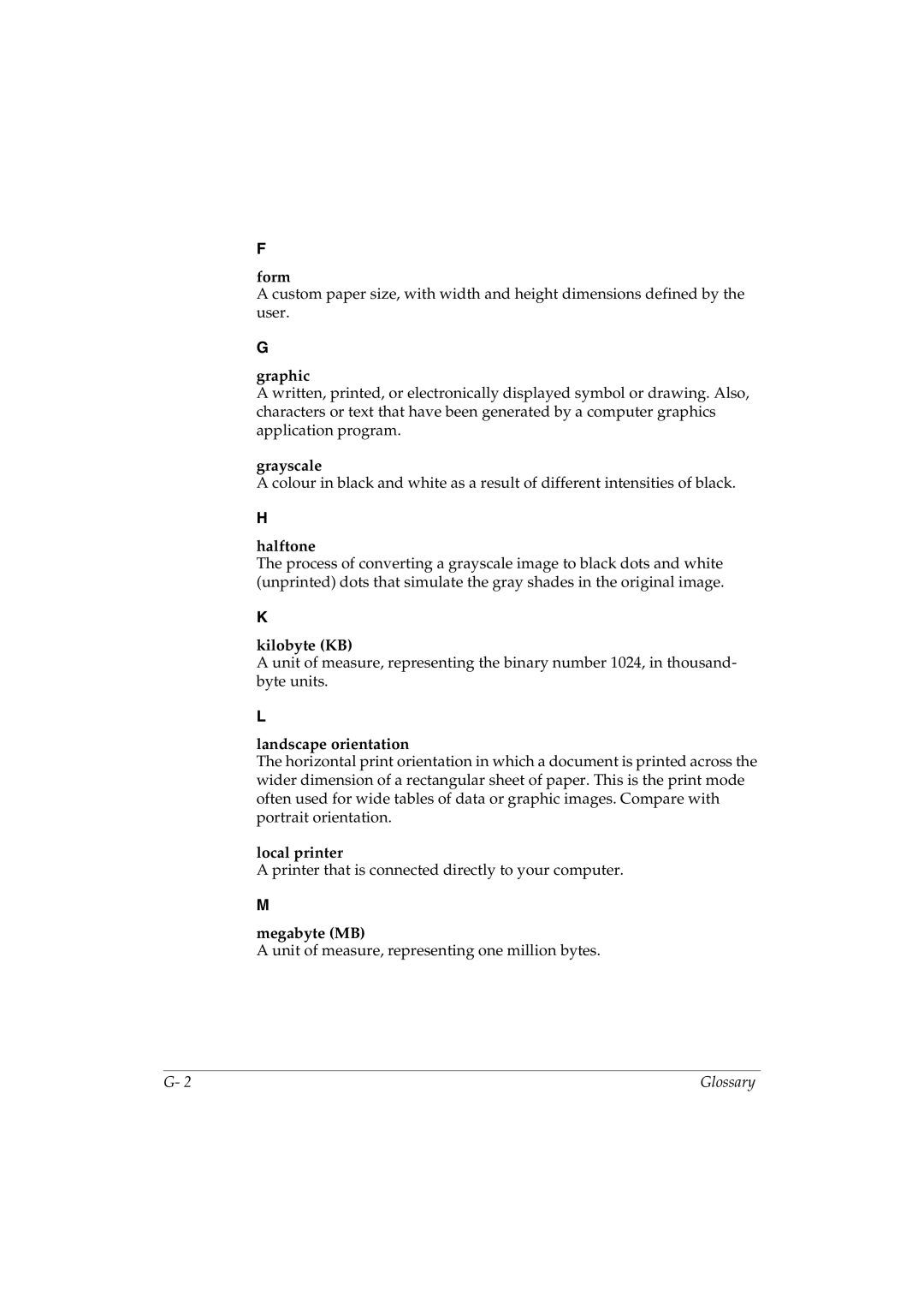 Canon L290 manual Form, Graphic, Grayscale, Halftone, Kilobyte KB, Landscape orientation, Local printer, Megabyte MB 