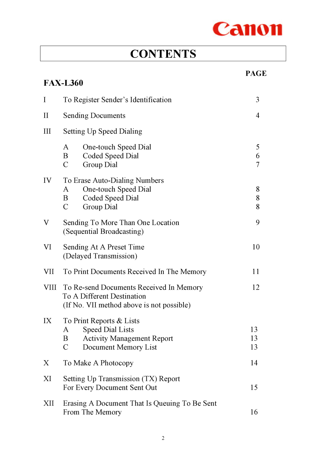 Canon L360 manual Contents 