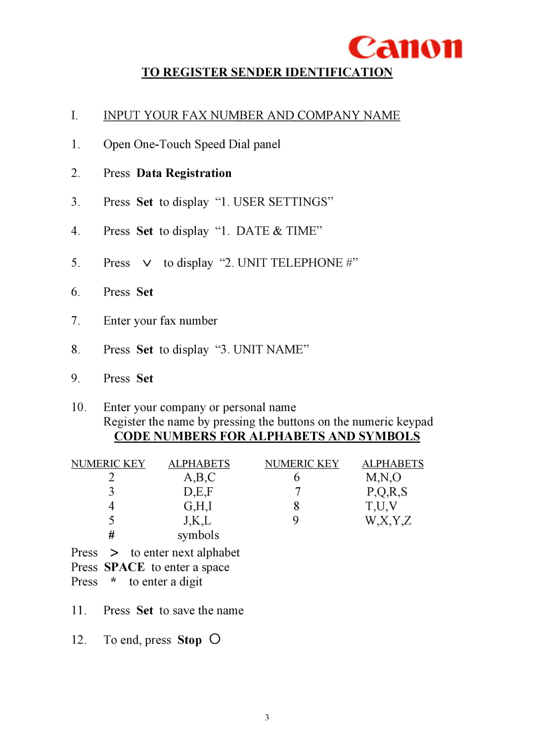 Canon L360 manual To Register Sender Identification, Press Data Registration, Code Numbers for Alphabets and Symbols 