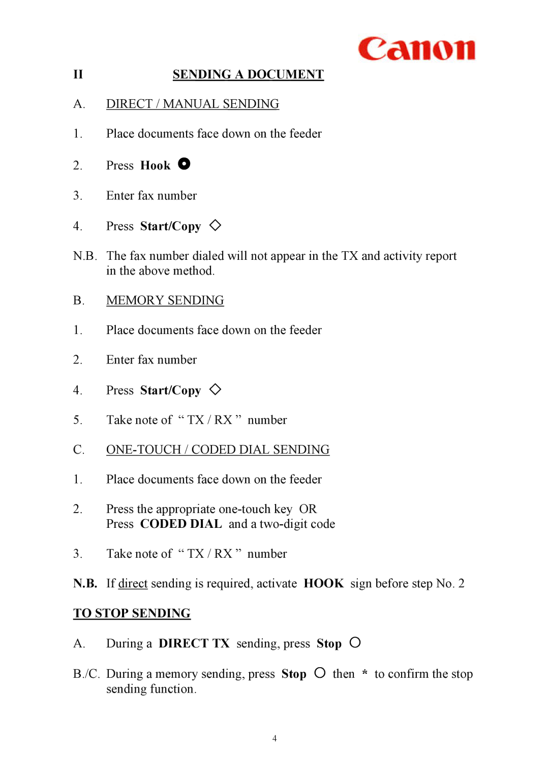 Canon L360 Direct / Manual Sending, Press Start/Copy, Memory Sending, ONE-TOUCH / Coded Dial Sending, To Stop Sending 