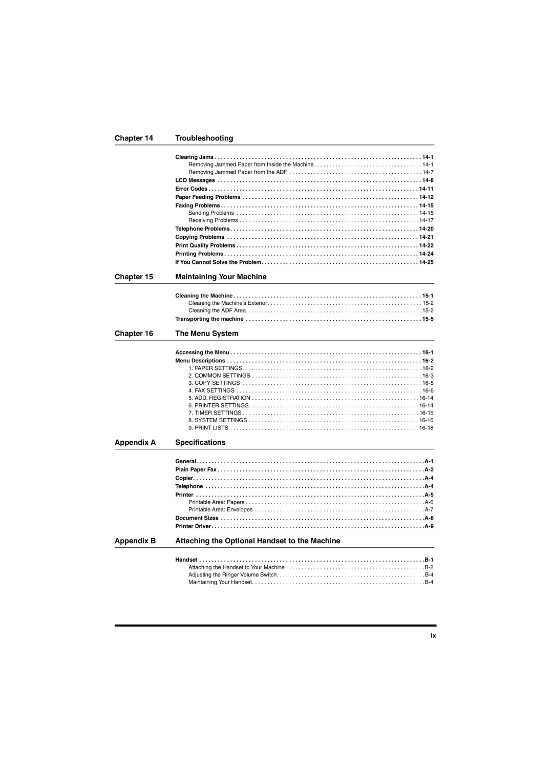 Canon L380S manual Chapter Troubleshooting, Maintaining Your Machine, Menu System, Appendix a Specifications 