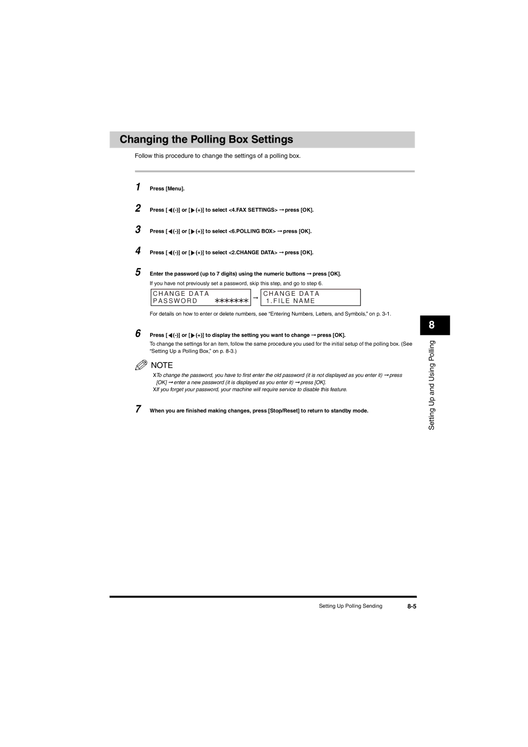 Canon L380S manual Changing the Polling Box Settings, Hange DA T a Hange D a TA Asswor D File N AM E 