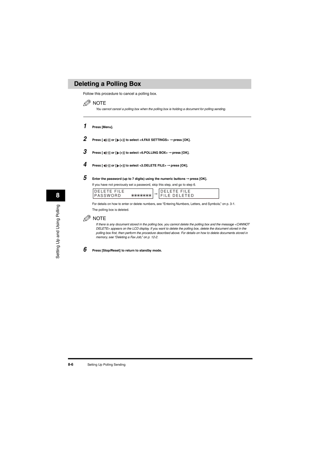 Canon L380S manual Deleting a Polling Box, Elete FI L E Elete F I LE Asswor D ILE DE L E TE D 