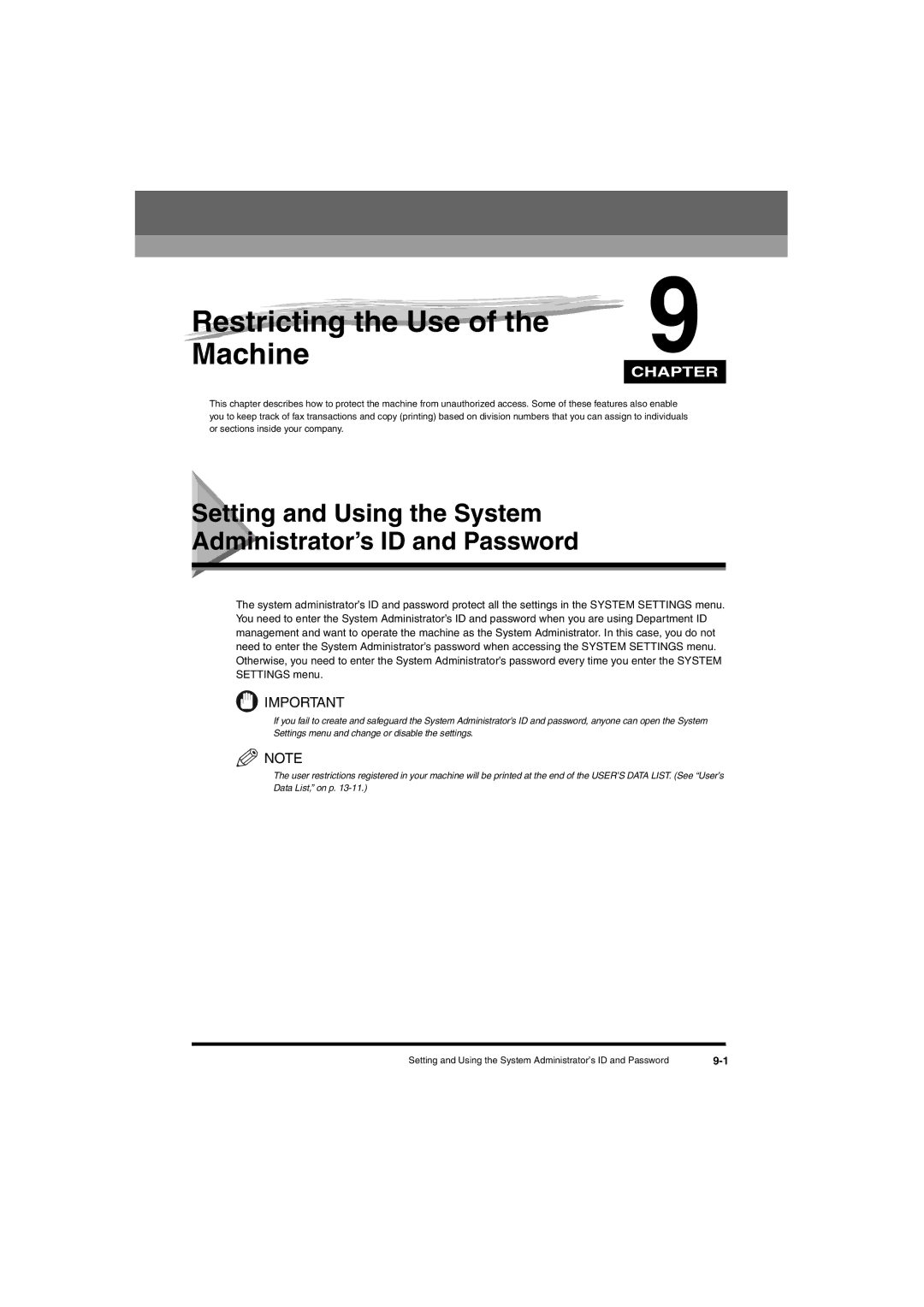Canon L380S manual Restricting the Use of the Machine, Setting and Using the System Administrator’s ID and Password 