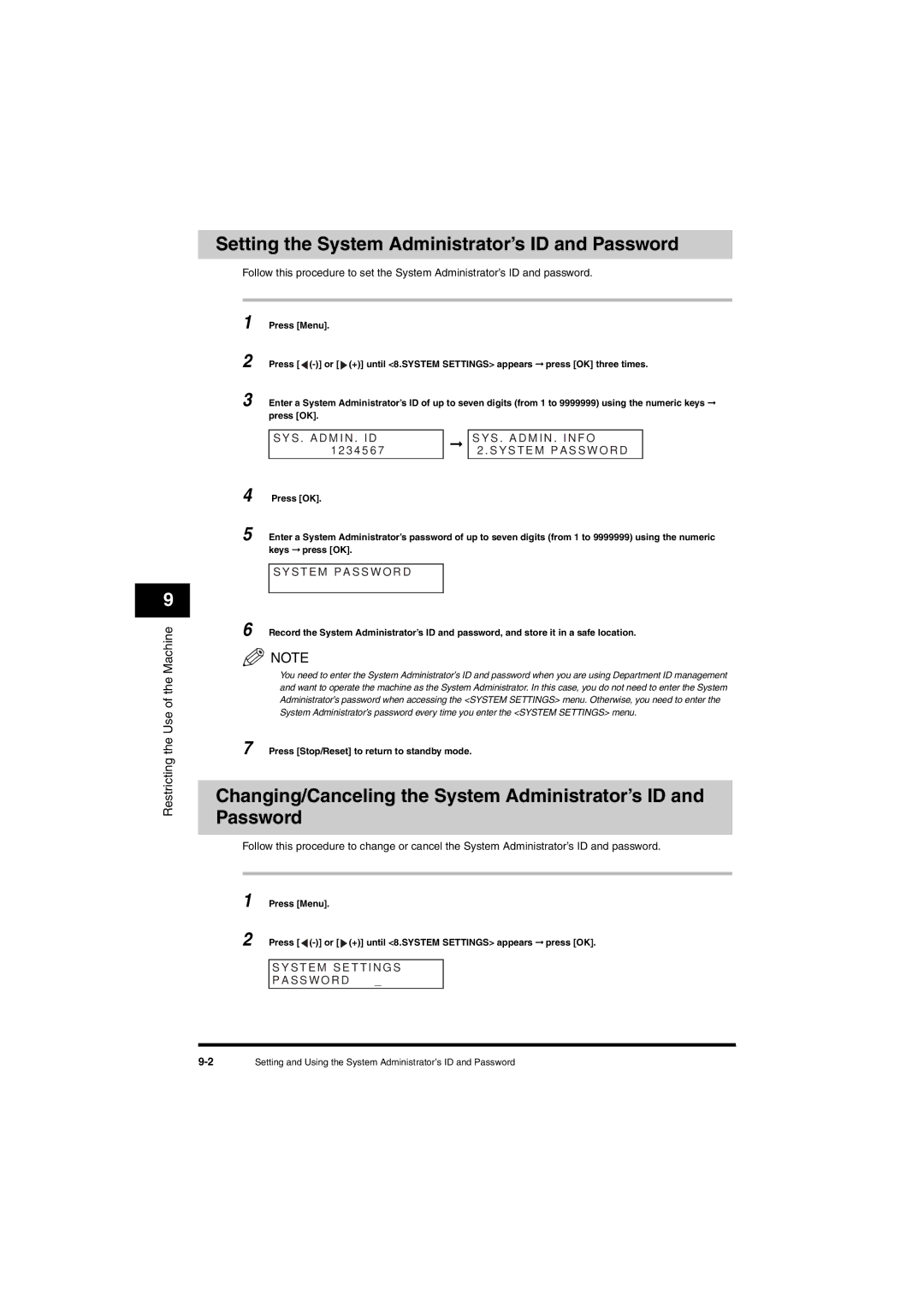 Canon L380S manual Setting the System Administrator’s ID and Password, Ys . Ad Mi N . I D, 23 4 5 6, Ystem PA S S W O RD 