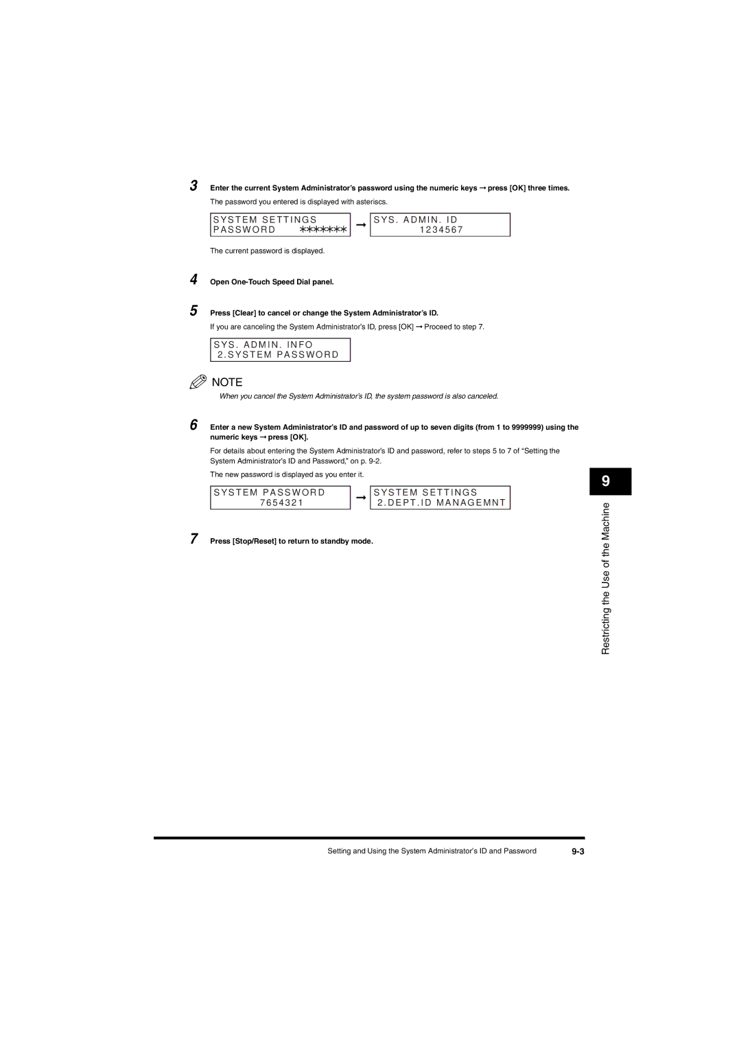 Canon L380S manual Ystem S E T T in G S, YS . a D MI N . I D, Assword, 34 5 6, Ystem SE T T I N G S 