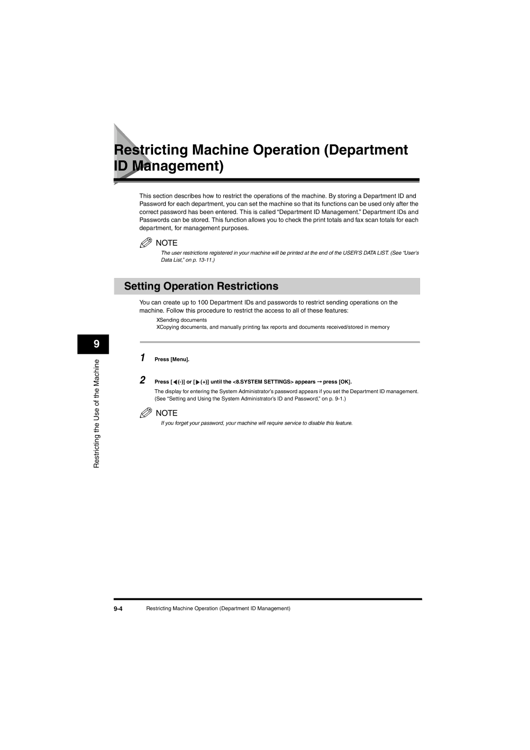 Canon L380S manual Restricting Machine Operation Department ID Management, Setting Operation Restrictions 