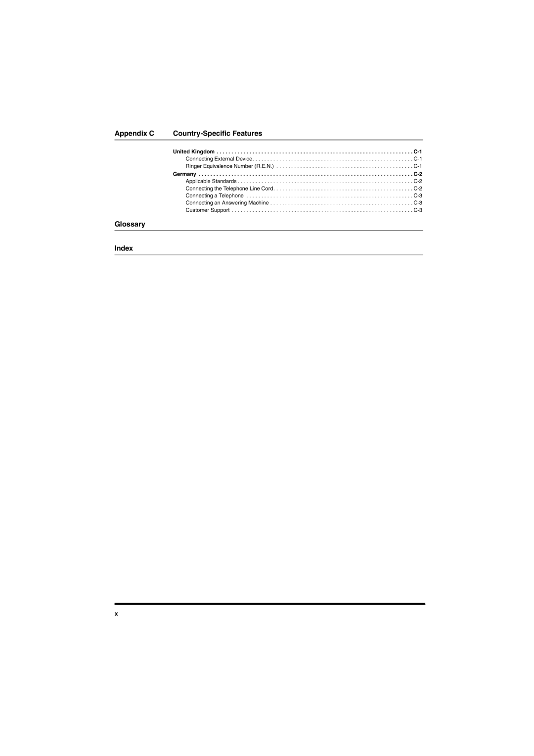 Canon L380S manual Appendix C Country-Specific Features, Glossary Index 