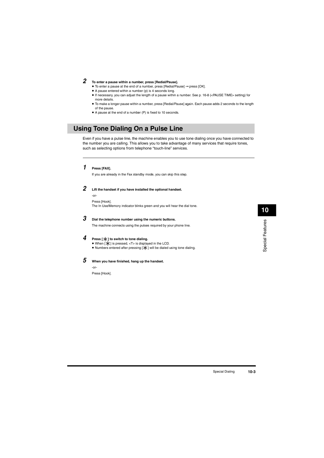 Canon L380S manual Using Tone Dialing On a Pulse Line, 10-3 