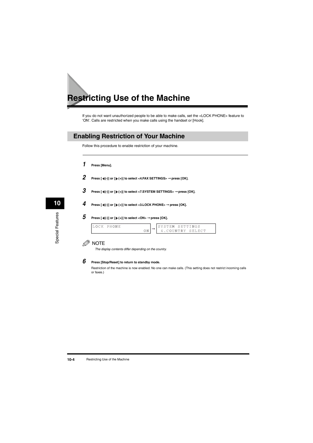 Canon L380S Restricting Use of the Machine, Enabling Restriction of Your Machine, OCK P HO N E Ystem S E T T I N G S, 10-4 