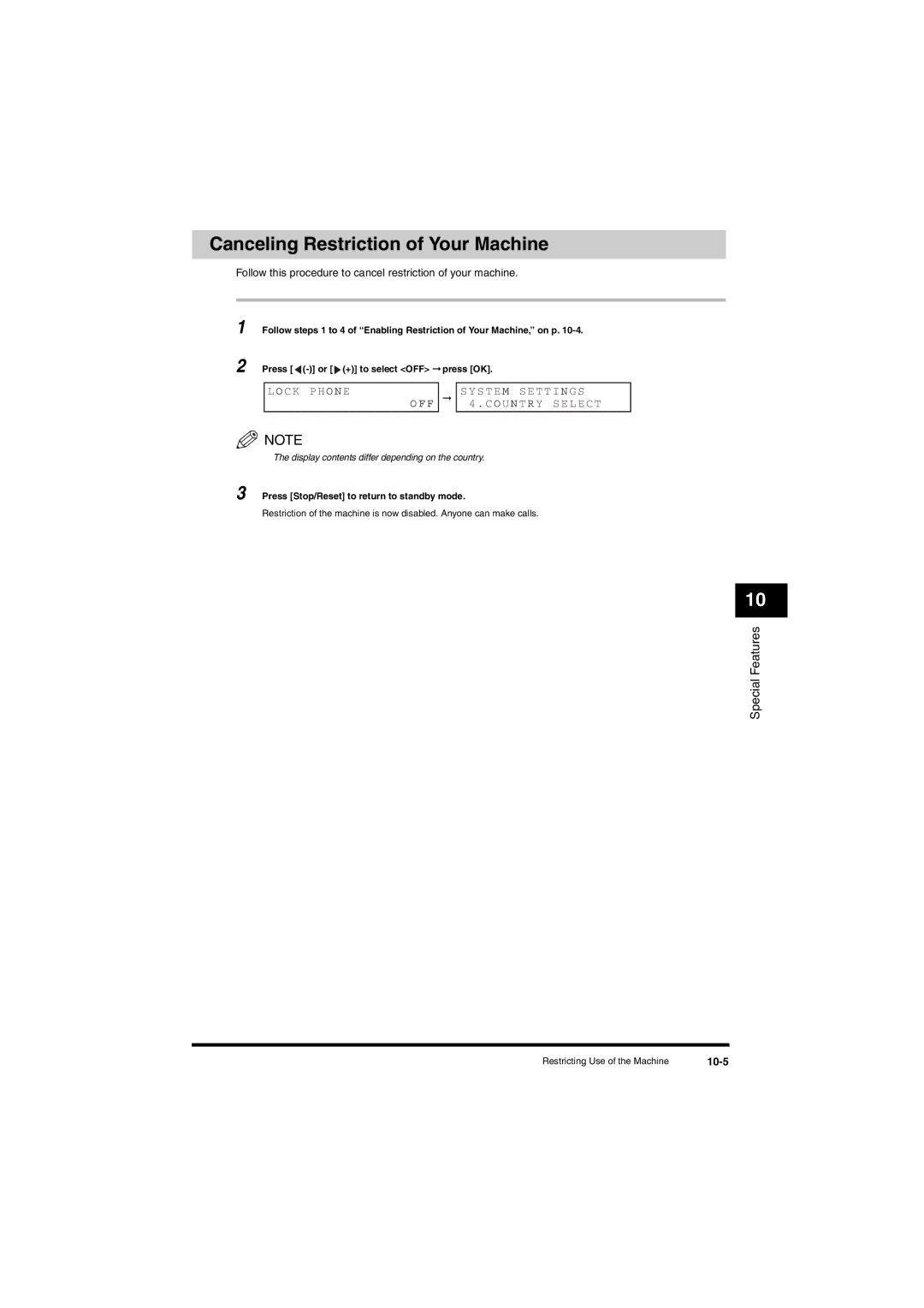 Canon L380S manual Canceling Restriction of Your Machine, OCK P HO N E Ystem S E T T I N GS, 10-5 