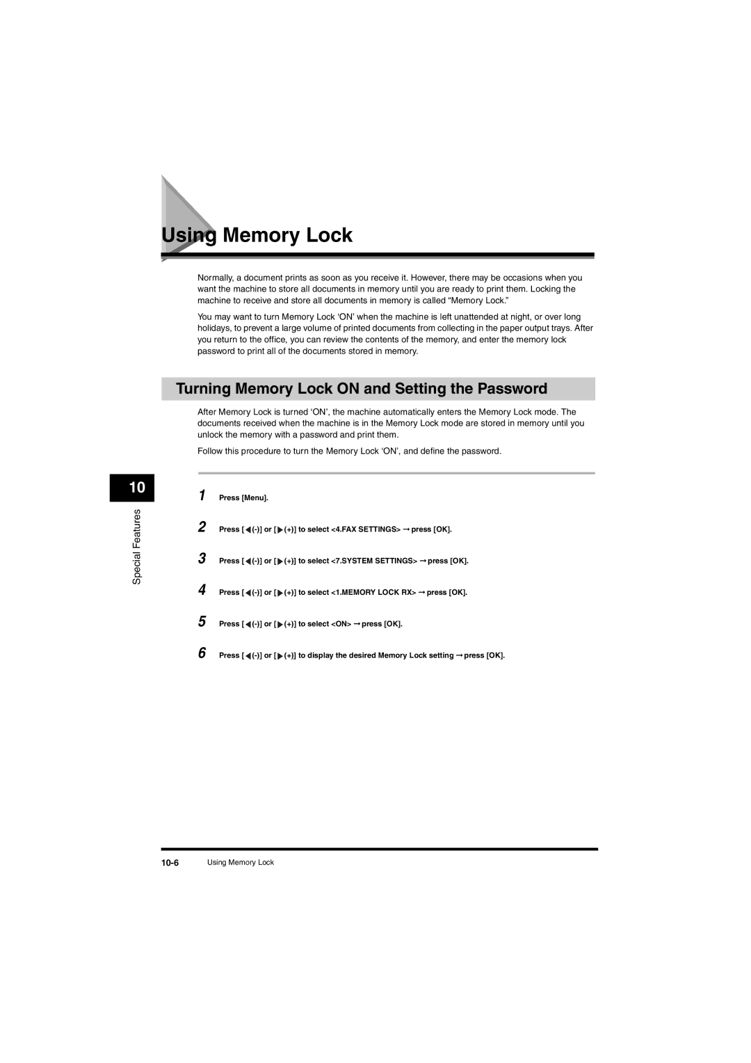 Canon L380S manual Using Memory Lock, Turning Memory Lock on and Setting the Password 