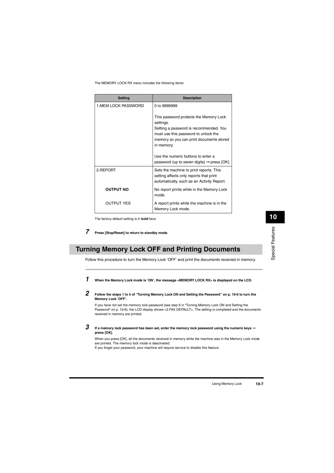 Canon L380S manual Turning Memory Lock OFF and Printing Documents, Output no, 10-7 