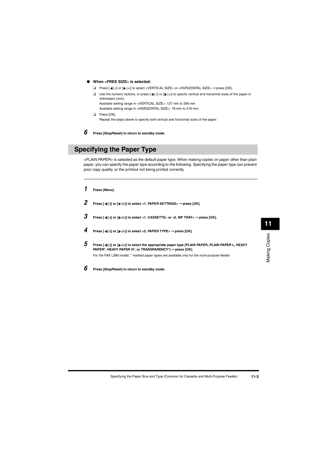 Canon L380S manual Specifying the Paper Type, When Free Size is selected, 11-3 