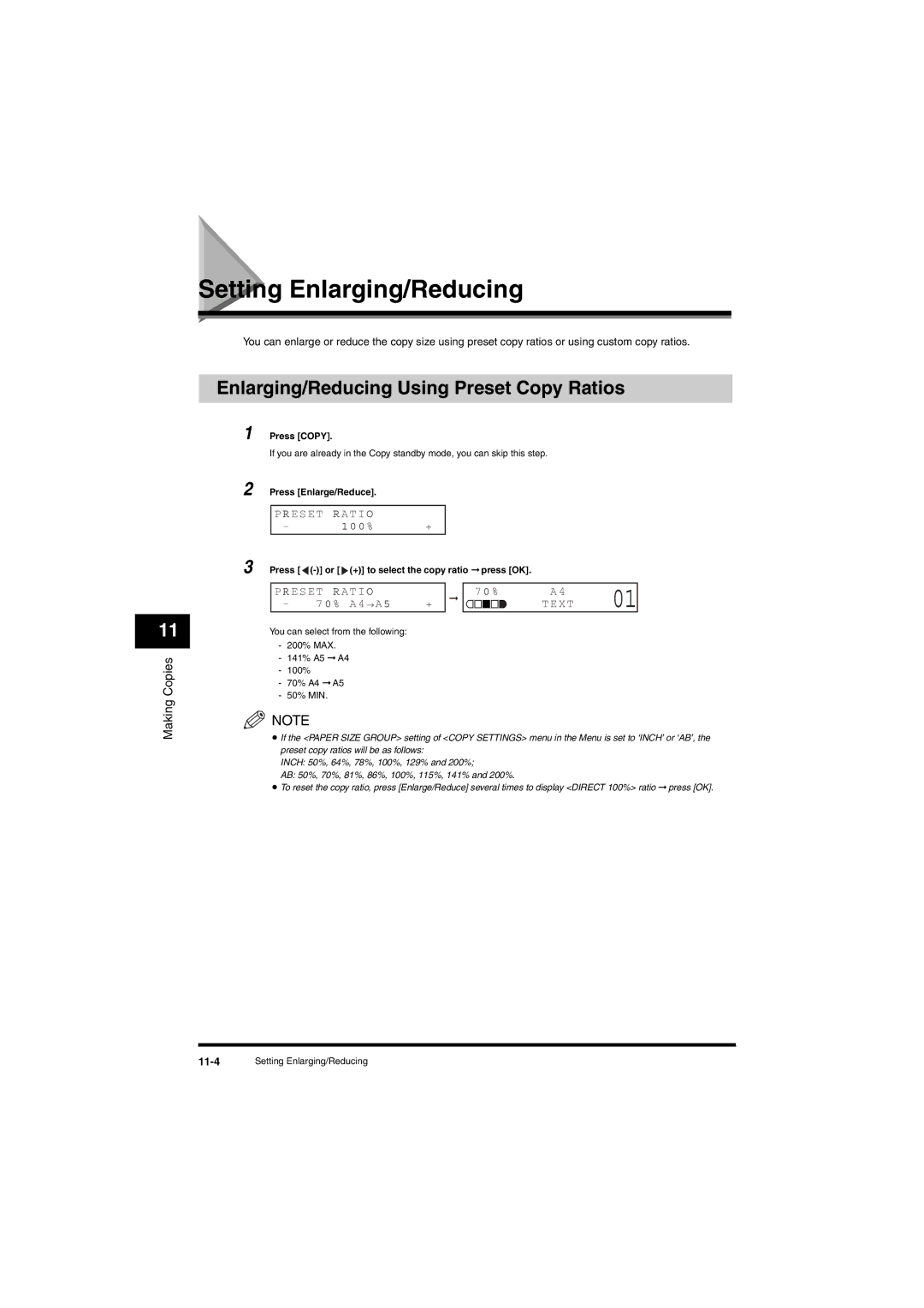 Canon L380S manual Setting Enlarging/Reducing, Enlarging/Reducing Using Preset Copy Ratios, Reset R AT I O, Reset R a T IO 