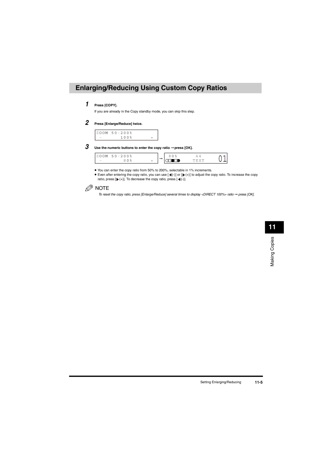 Canon L380S manual Enlarging/Reducing Using Custom Copy Ratios, 0 %, 80% X T, 11-5 