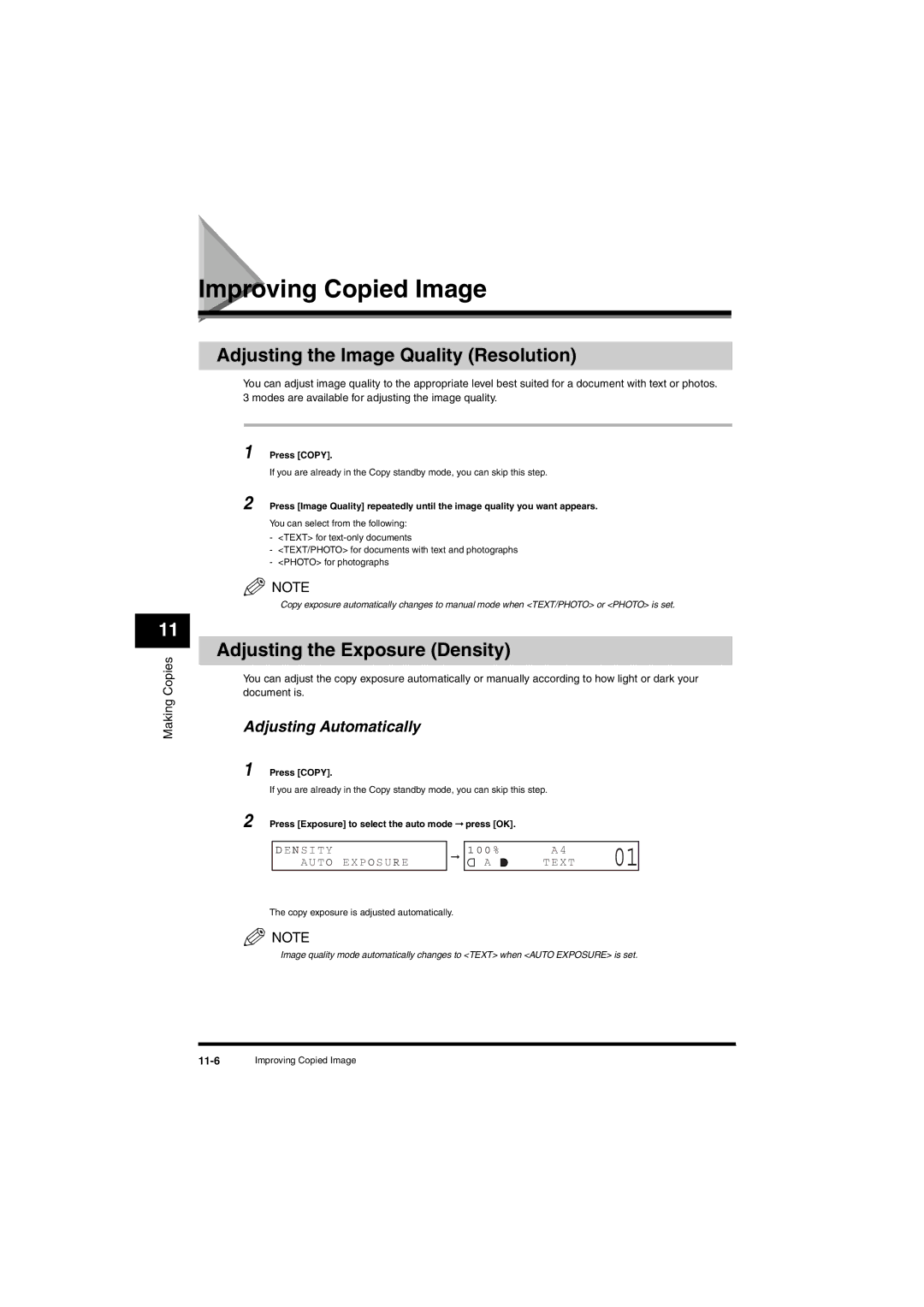 Canon L380S manual Improving Copied Image, Adjusting the Image Quality Resolution, Adjusting the Exposure Density 