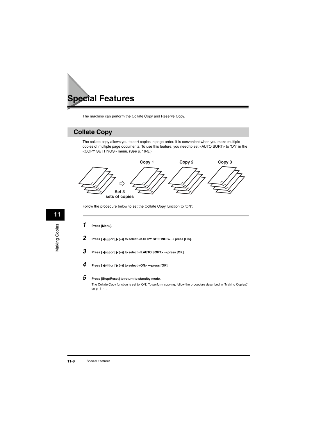 Canon L380S manual Special Features, Collate Copy, Set Sets of copies, 11-8 
