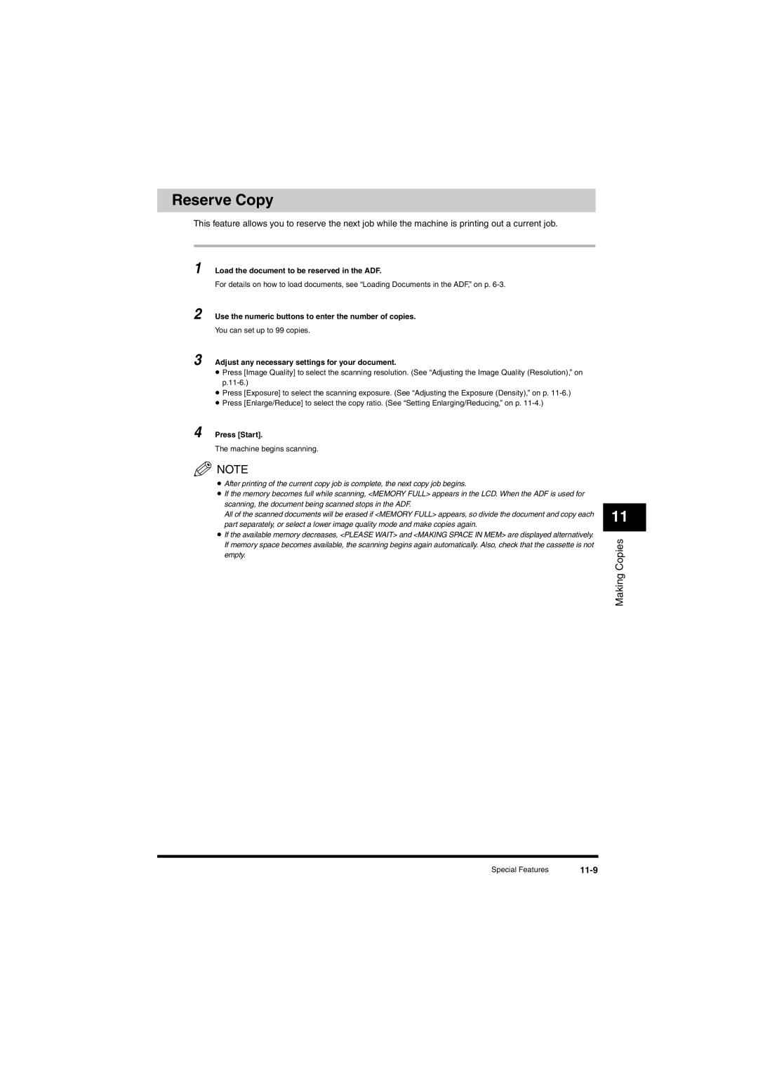 Canon L380S manual Reserve Copy, 11-9, Load the document to be reserved in the ADF 