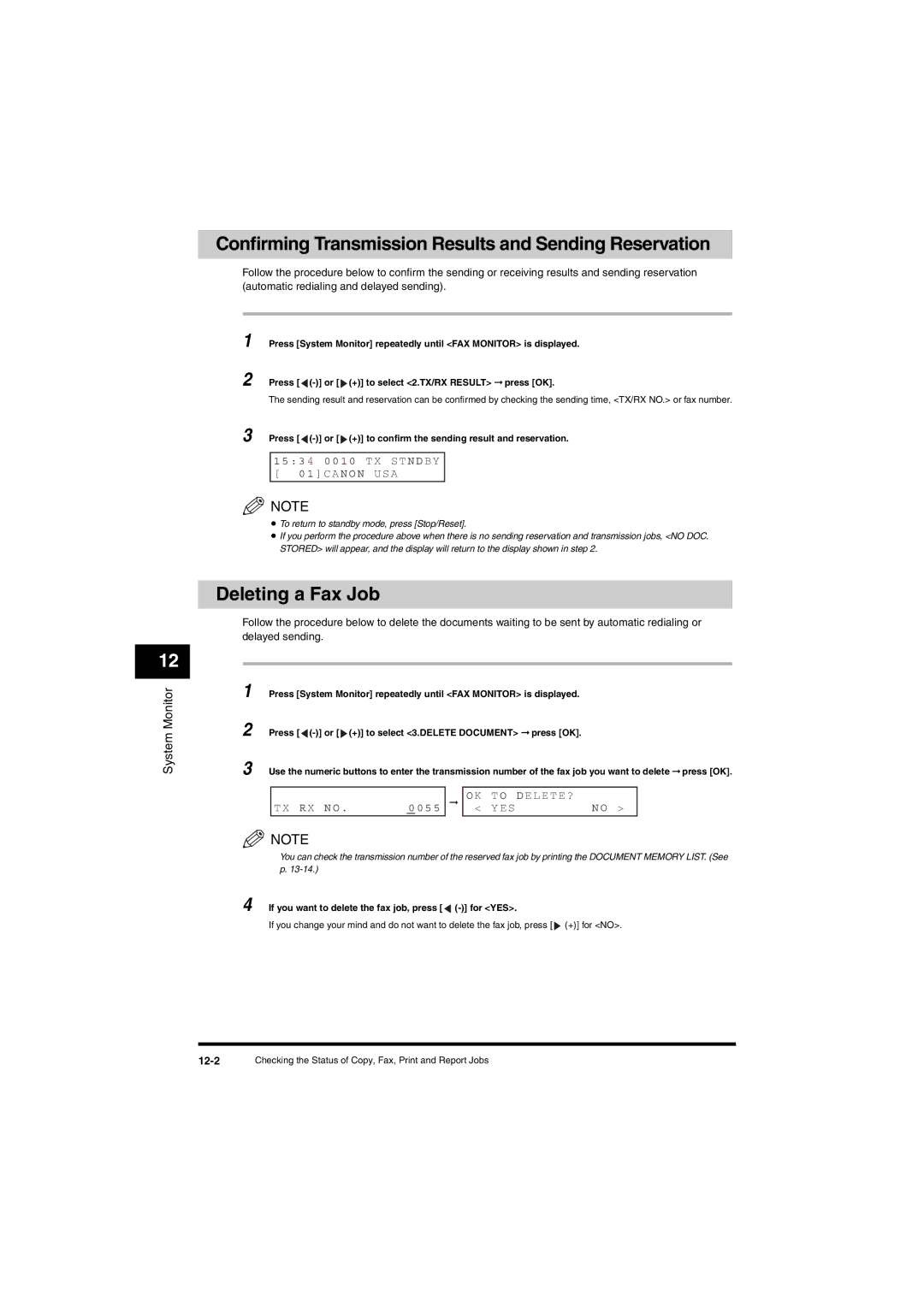 Canon L380S manual Confirming Transmission Results and Sending Reservation, Deleting a Fax Job, Tx Rx N O Yes, 12-2 