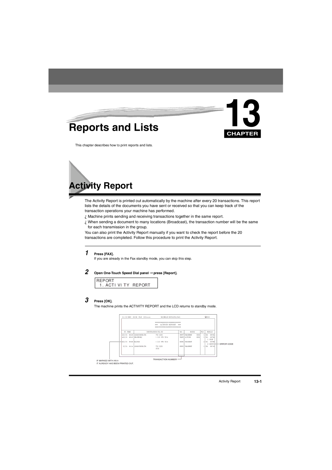 Canon L380S manual Reports and Lists, Activity Report, P O R T Acti VI T Y R EPO R T, 13-1 