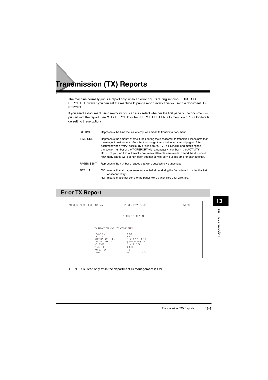 Canon L380S manual Transmission TX Reports, Error TX Report, 13-3 