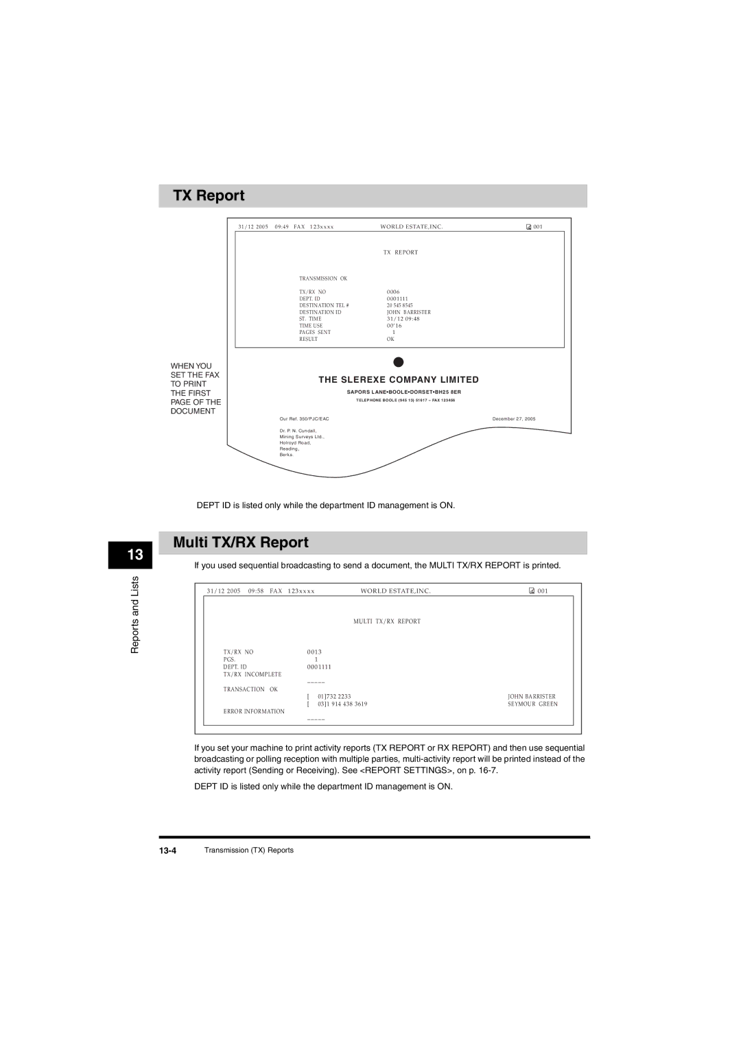 Canon L380S manual TX Report, Multi TX/RX Report, Slerexe Company Limited, 13-4 