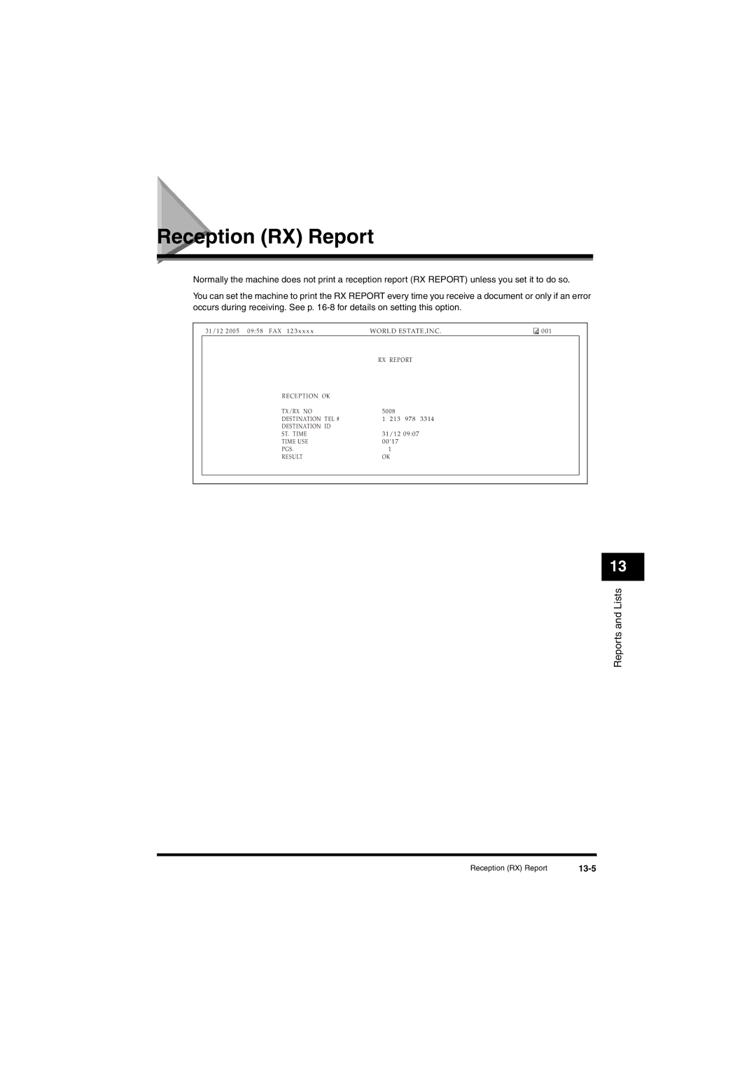 Canon L380S manual Reception RX Report, 13-5 