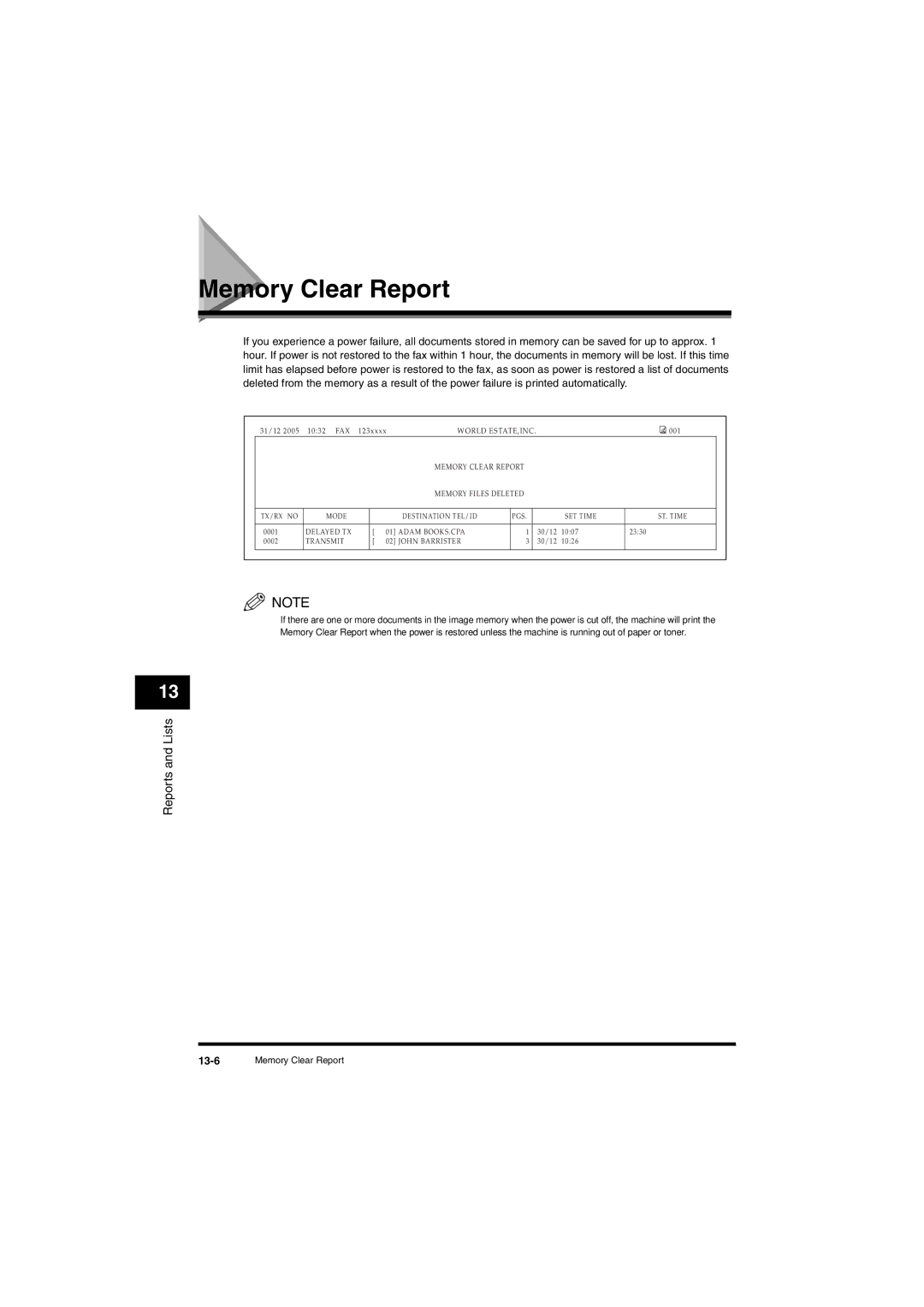 Canon L380S manual Memory Clear Report 