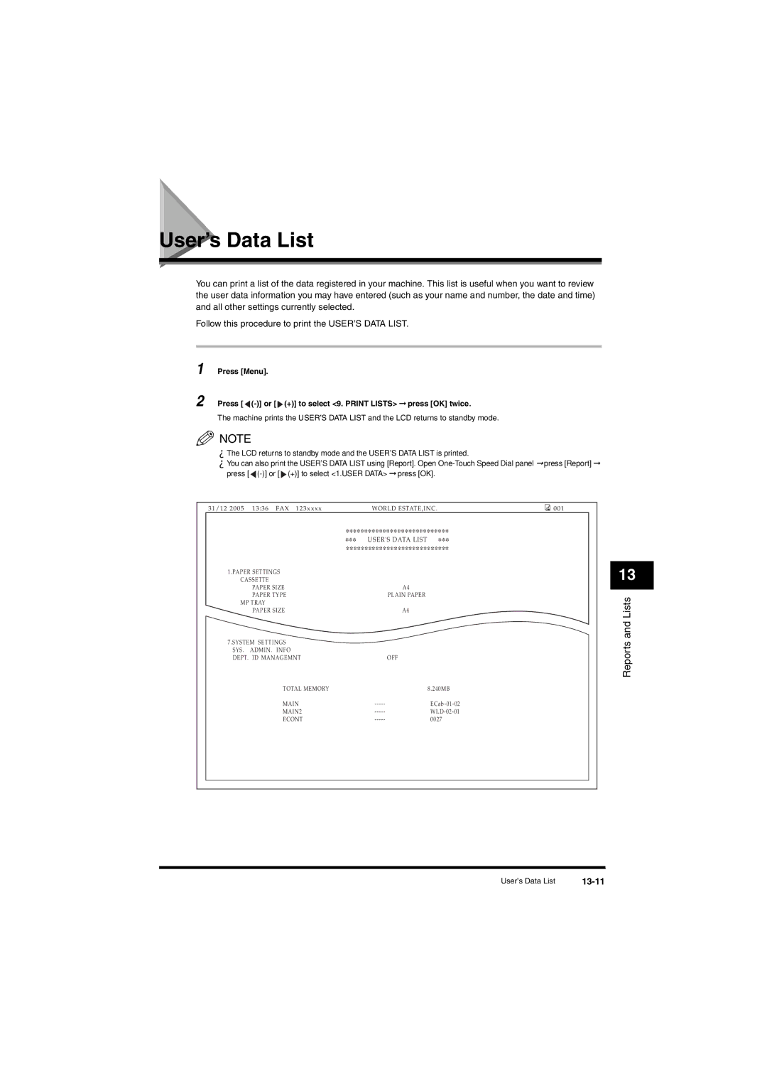 Canon L380S manual User’s Data List, 13-11 