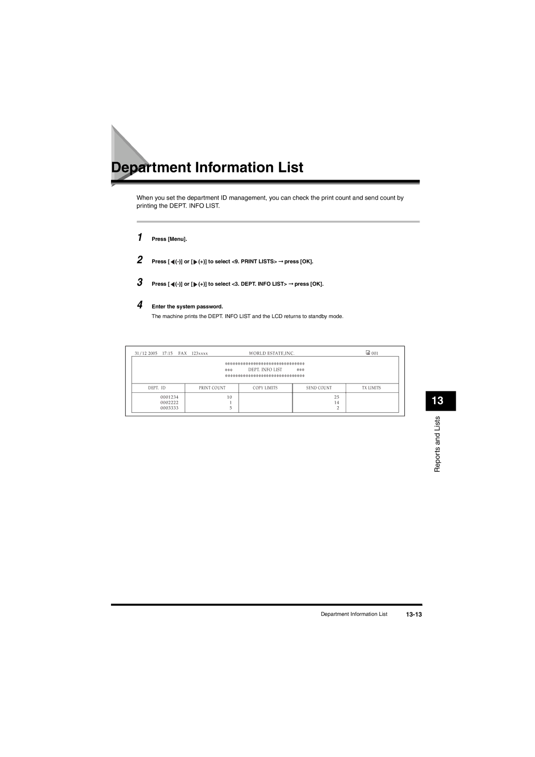 Canon L380S manual Department Information List, 13-13 