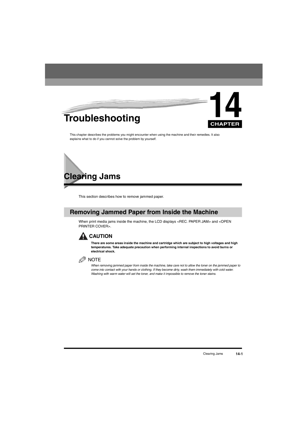 Canon L380S manual Troubleshooting, Clearing Jams, Removing Jammed Paper from Inside the Machine, Printer Cover, 14-1 