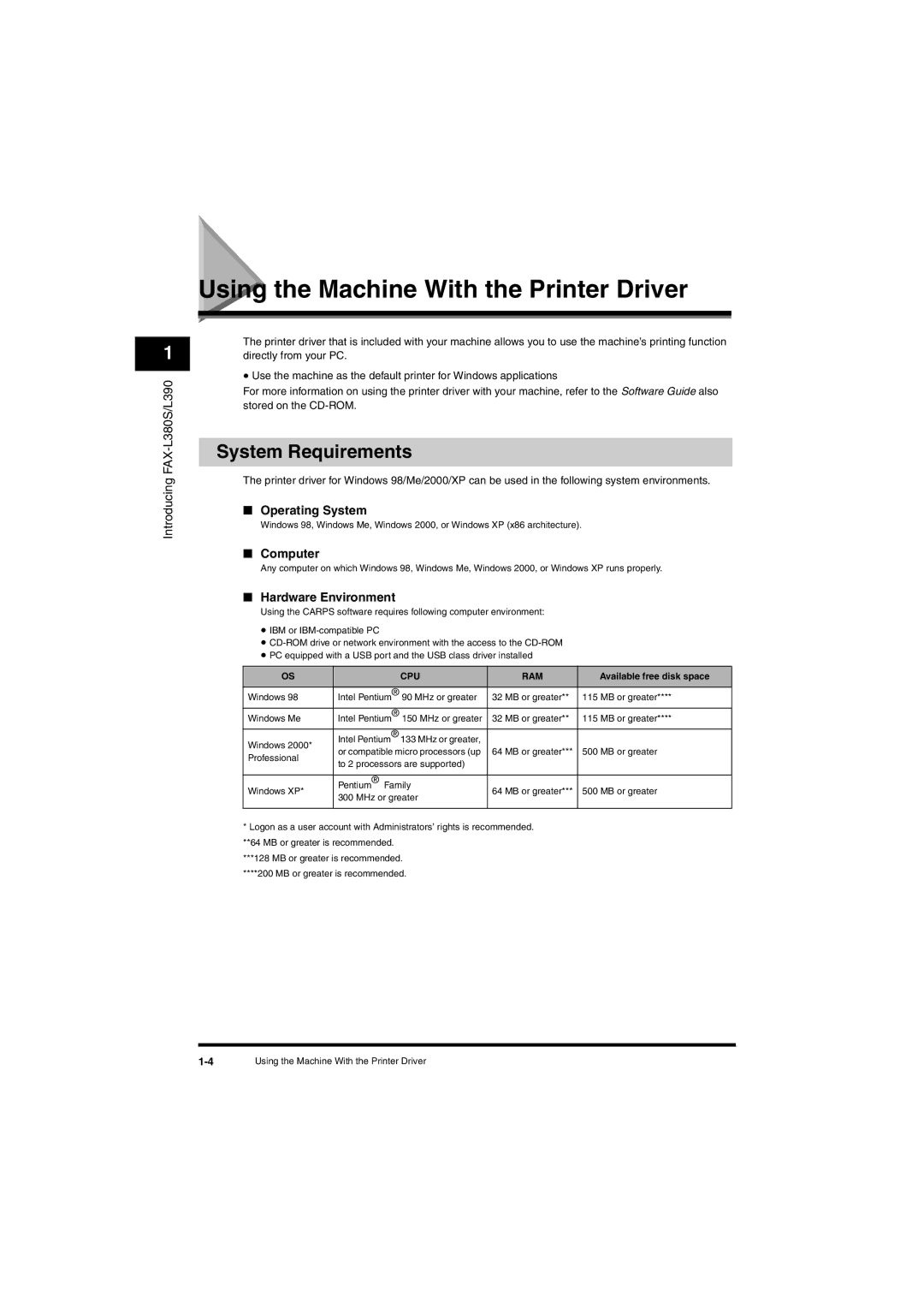 Canon L380S manual Using the Machine With the Printer Driver, System Requirements, Operating System, Computer 