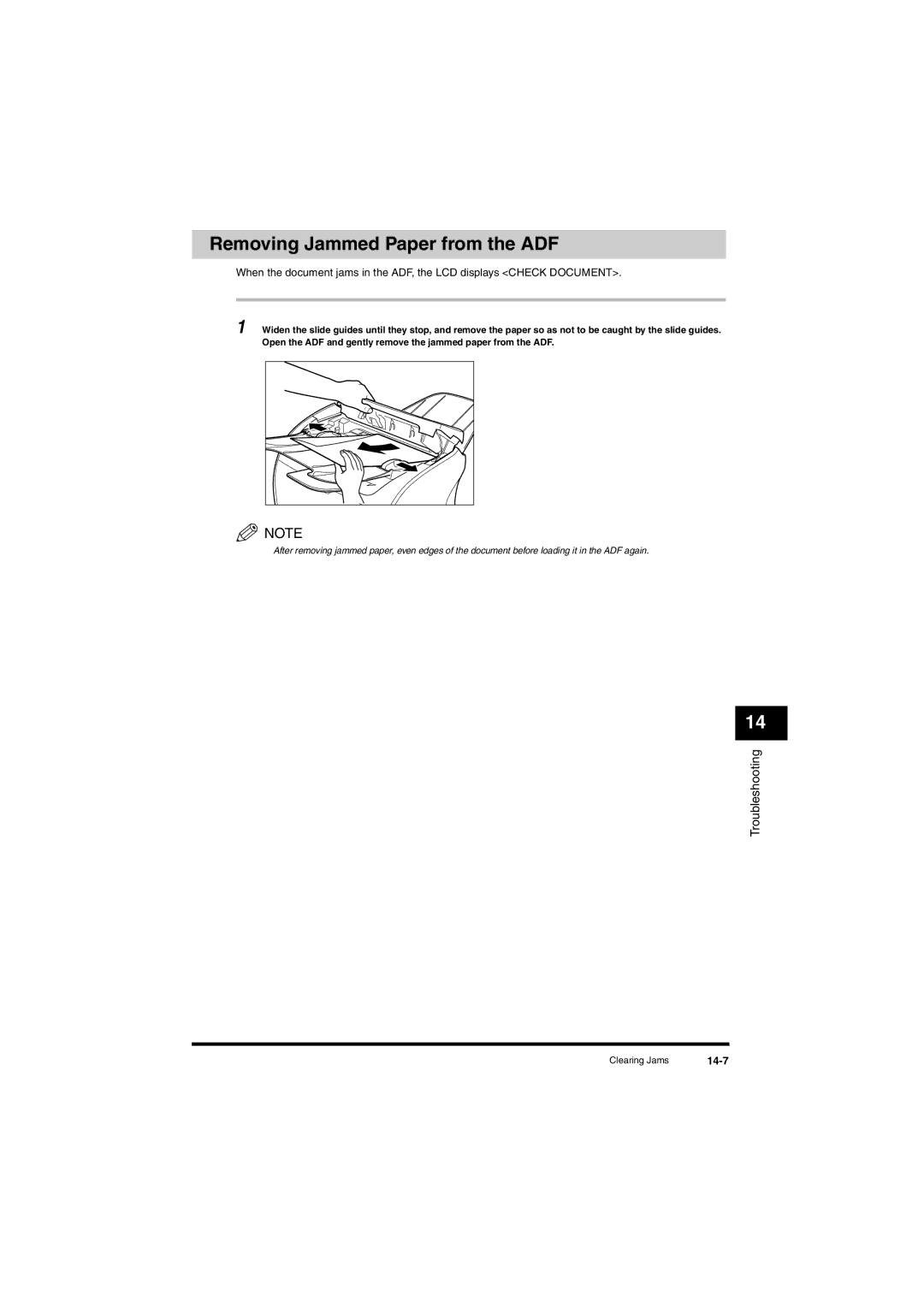 Canon L380S manual Removing Jammed Paper from the ADF, 14-7 