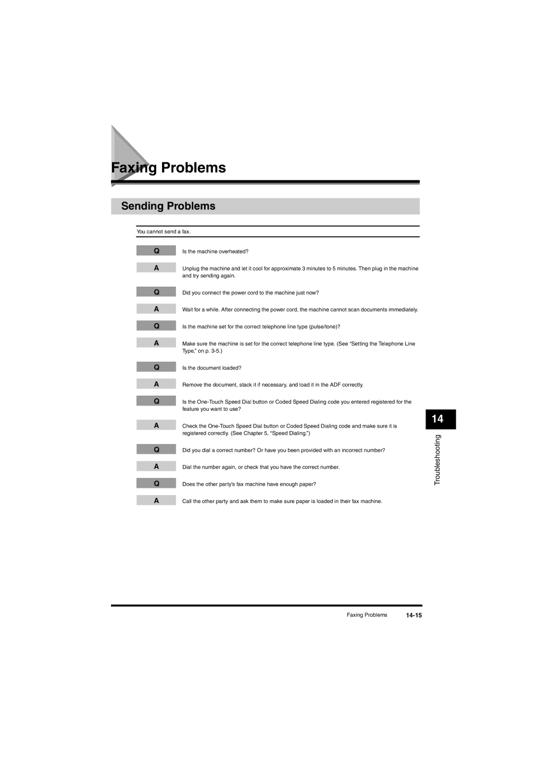 Canon L380S manual Faxing Problems, Sending Problems, 14-15 