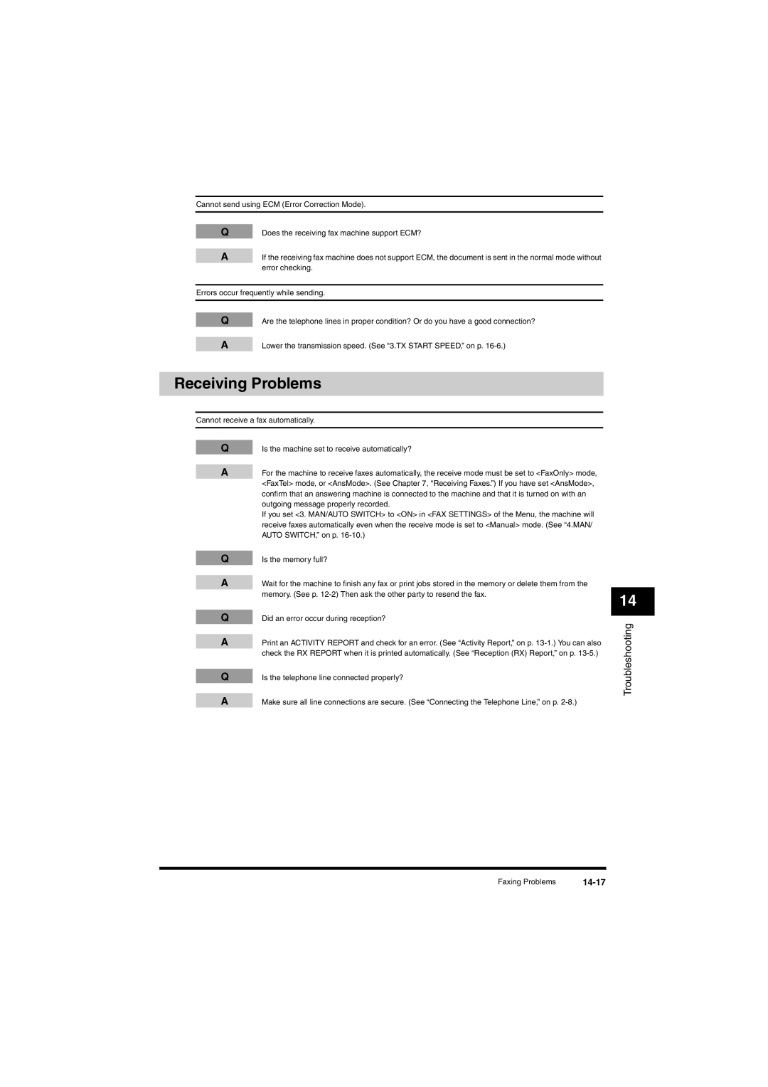 Canon L380S manual Receiving Problems, 14-17 