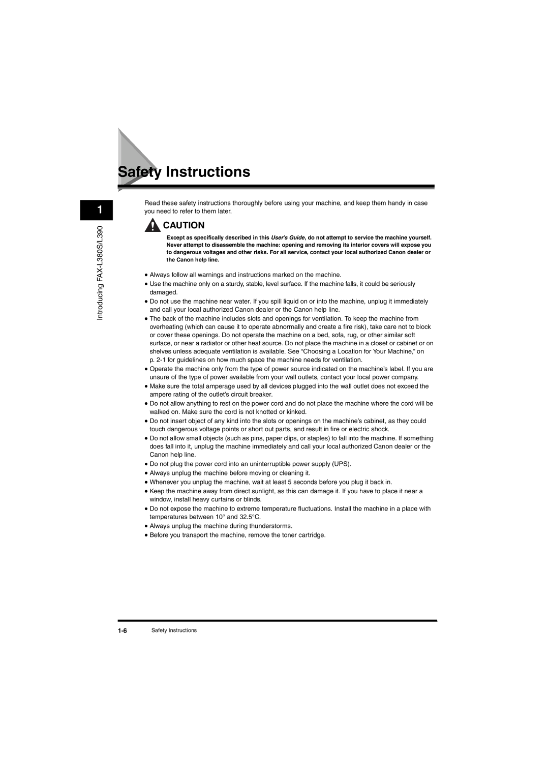 Canon L380S manual Safety Instructions 