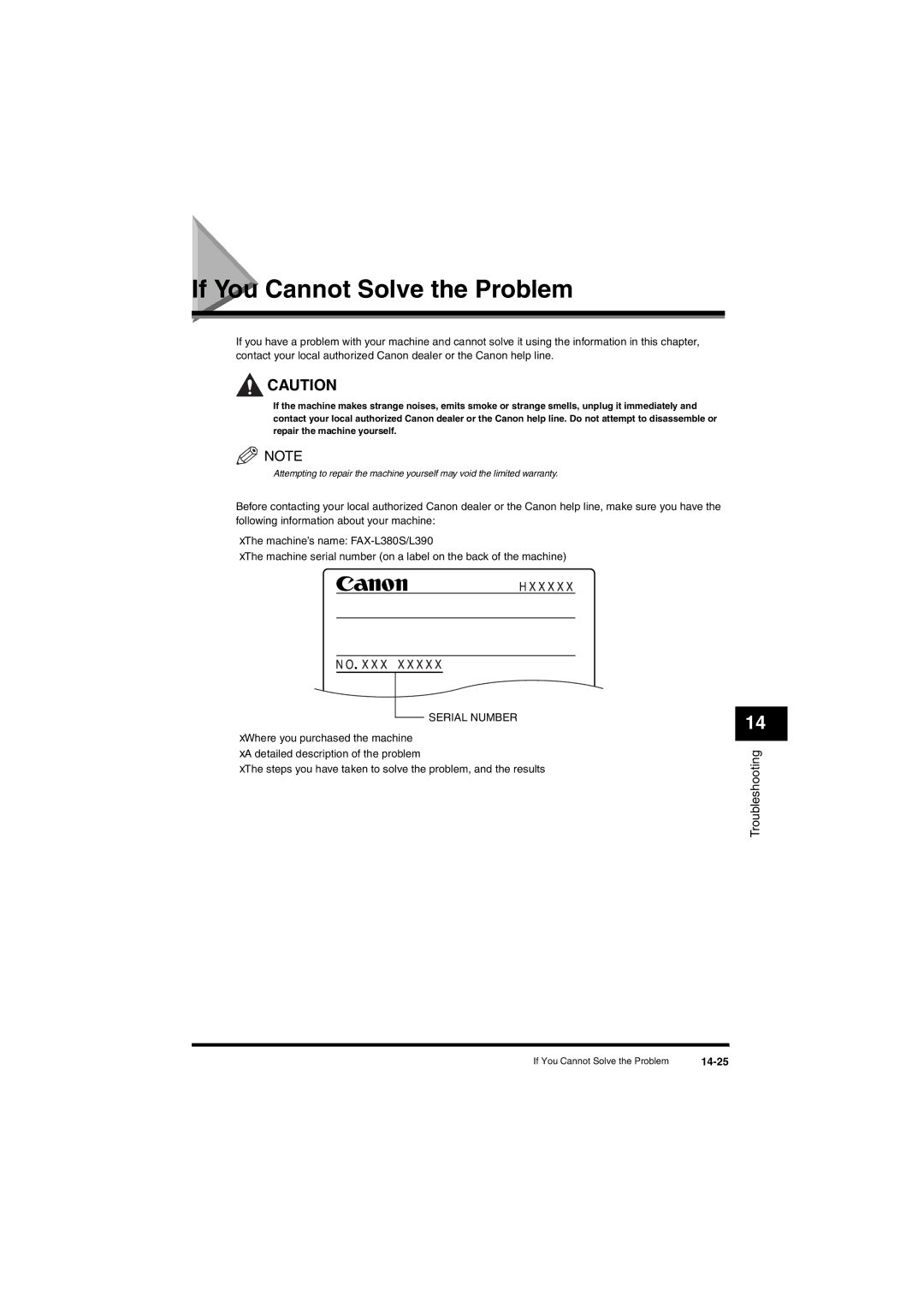 Canon L380S manual If You Cannot Solve the Problem, Serial Number, 14-25 