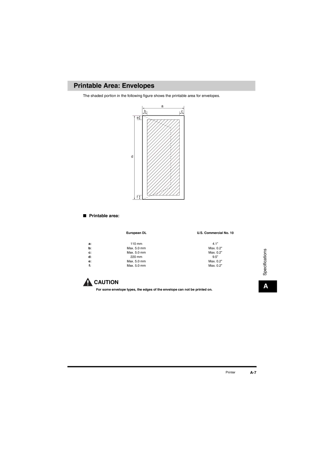 Canon L380S manual Printable Area Envelopes, European DL Commercial No 