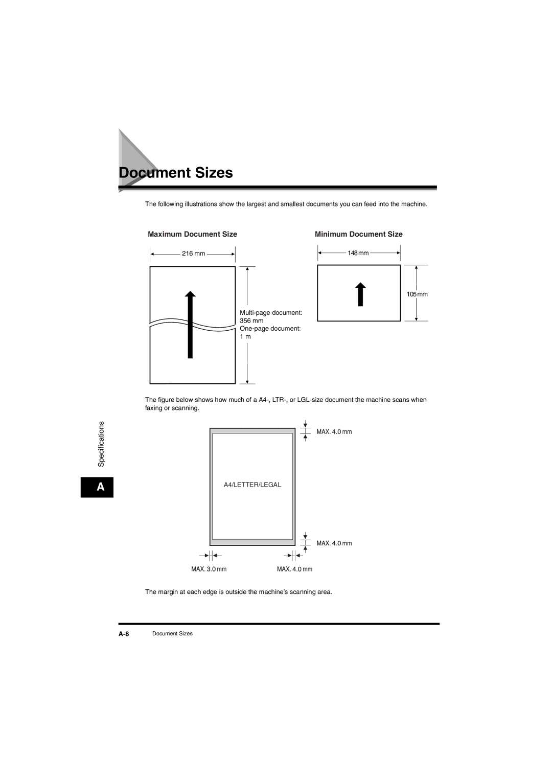 Canon L380S manual Document Sizes, Maximum Document Size, A4/LETTER/LEGAL 