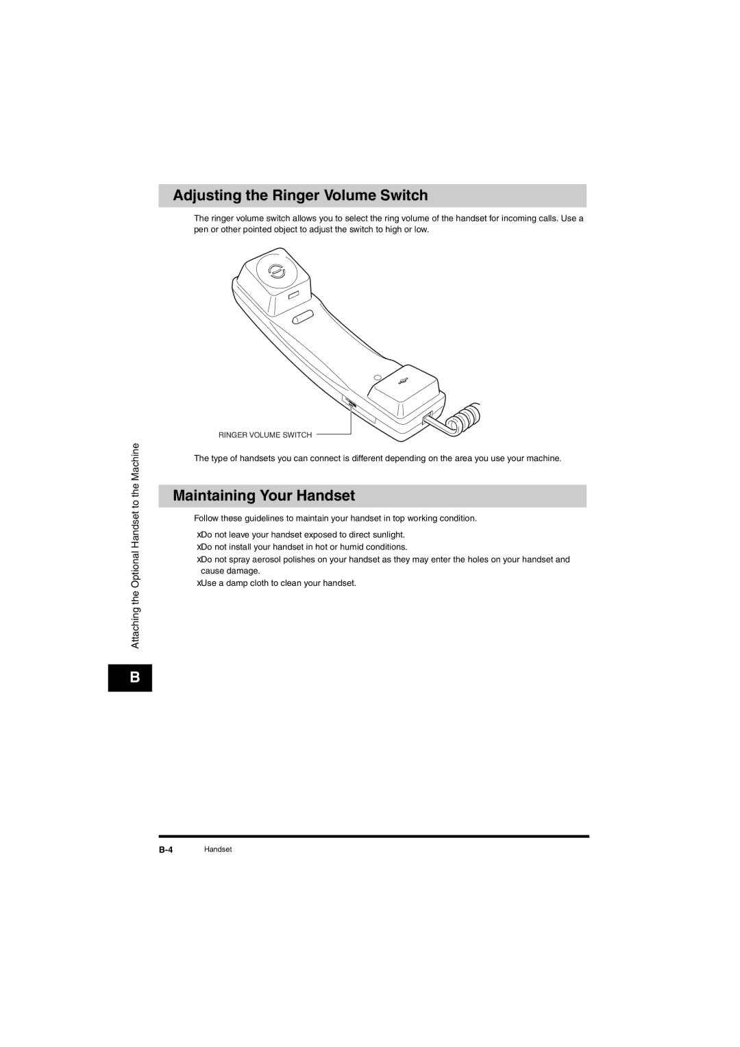 Canon L380S manual Adjusting the Ringer Volume Switch, Maintaining Your Handset 