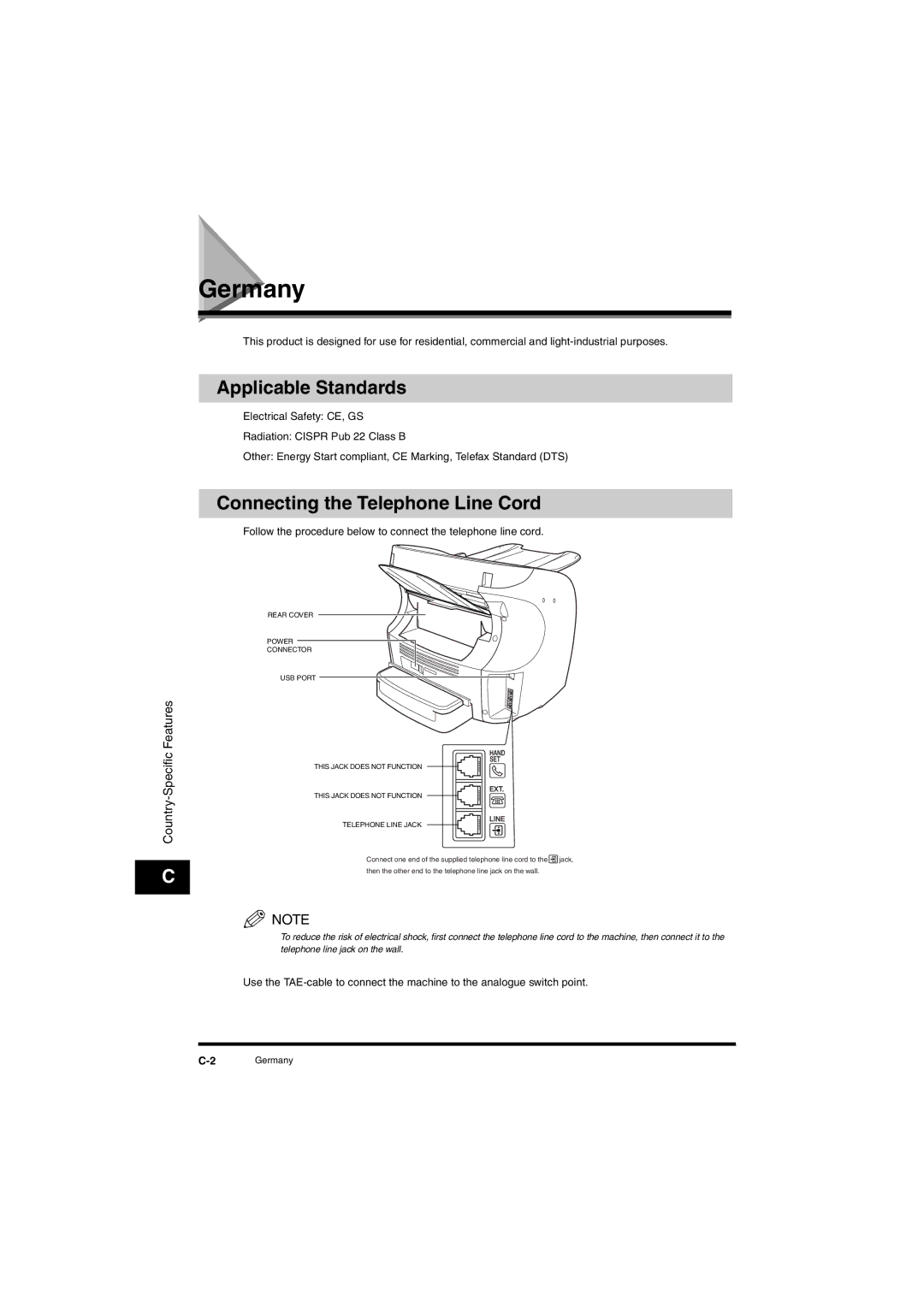 Canon L380S manual Germany, Applicable Standards, Connecting the Telephone Line Cord 