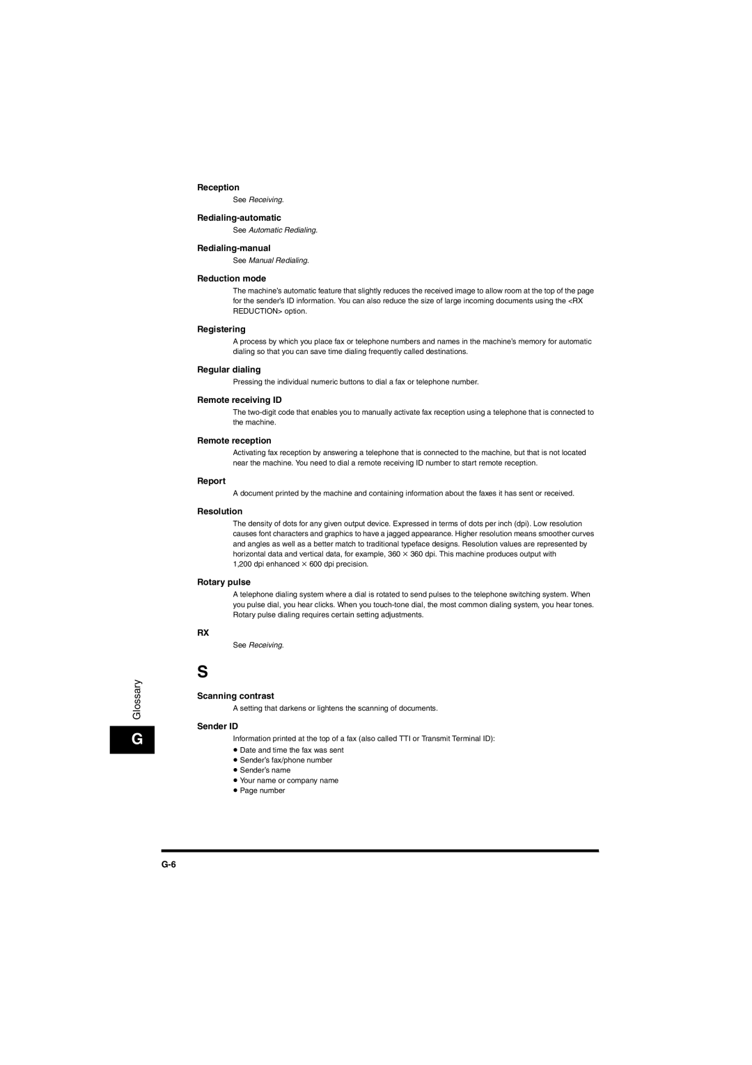 Canon L380S Reception, Redialing-automatic, Redialing-manual, Reduction mode, Registering, Remote receiving ID, Report 