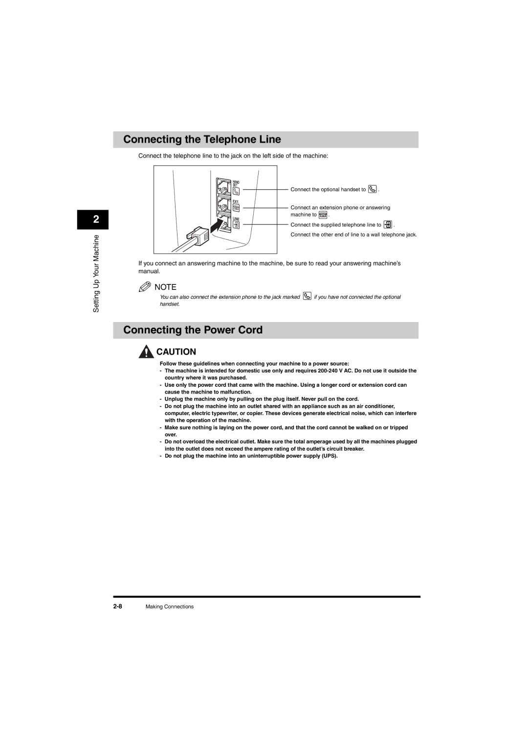 Canon L380S manual Connecting the Telephone Line, Connecting the Power Cord 