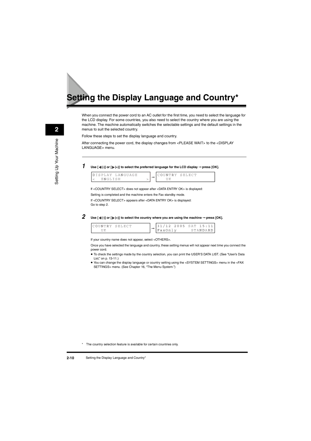 Canon L380S manual Setting the Display Language and Country, Ountr Y S E L E C T, Eng L I S H, Ountry S E L EC T, AxOnl y 