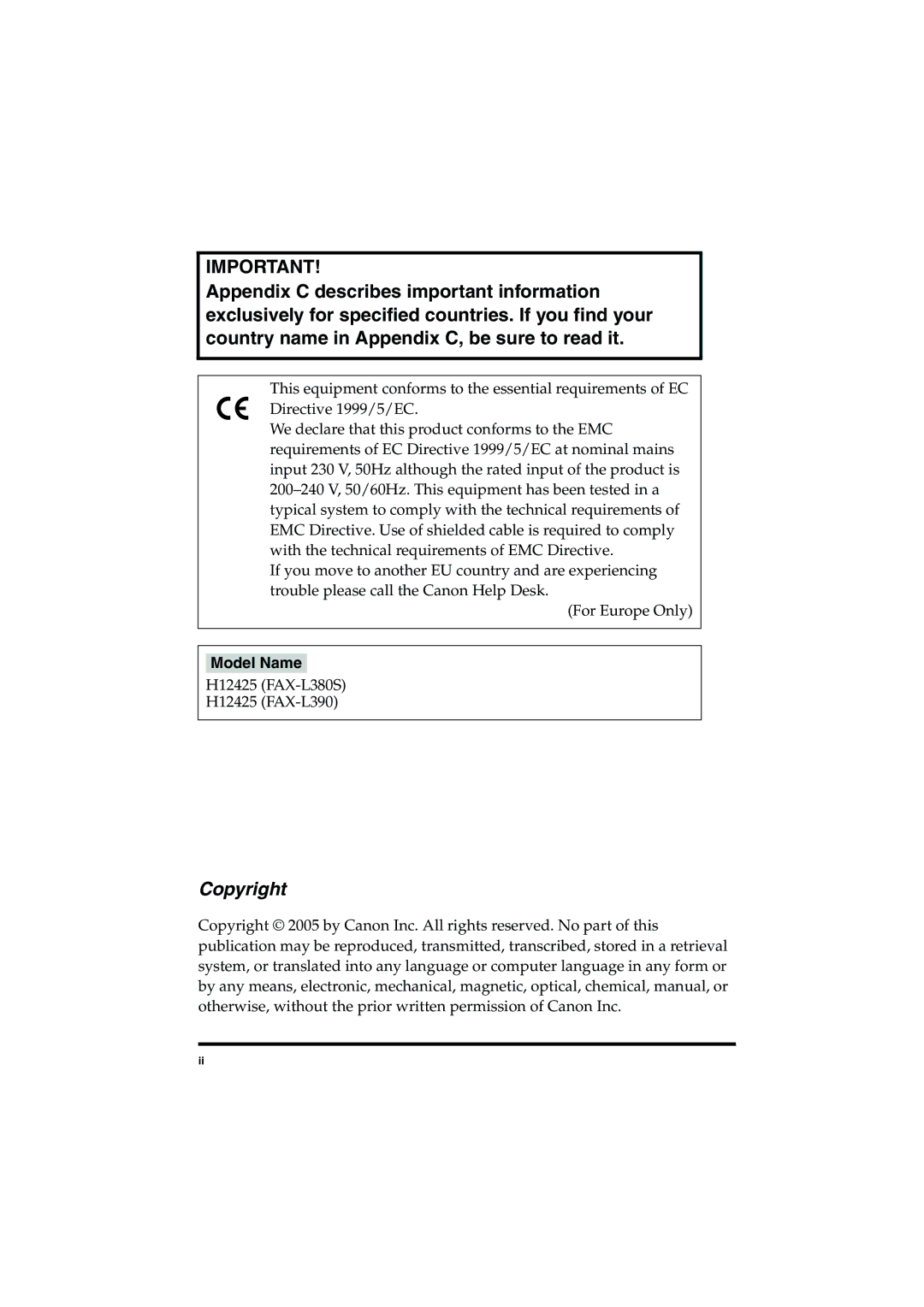 Canon L380S manual Copyright 