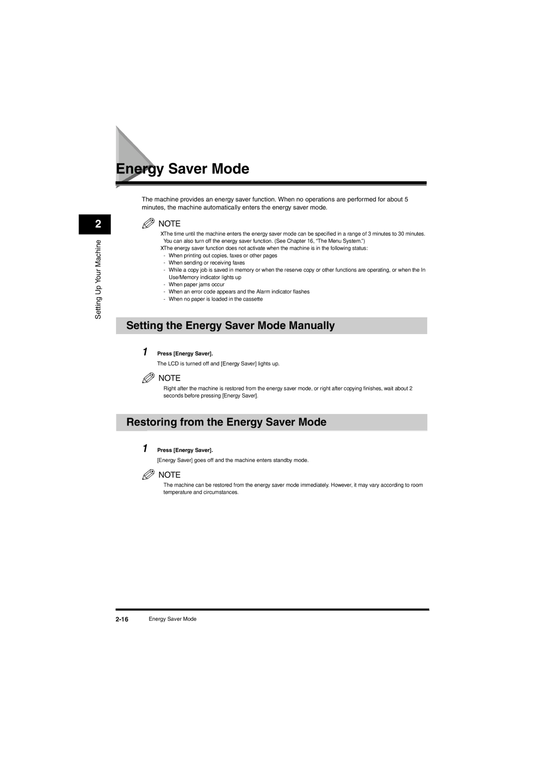 Canon L380S manual Setting the Energy Saver Mode Manually, Restoring from the Energy Saver Mode, Press Energy Saver 