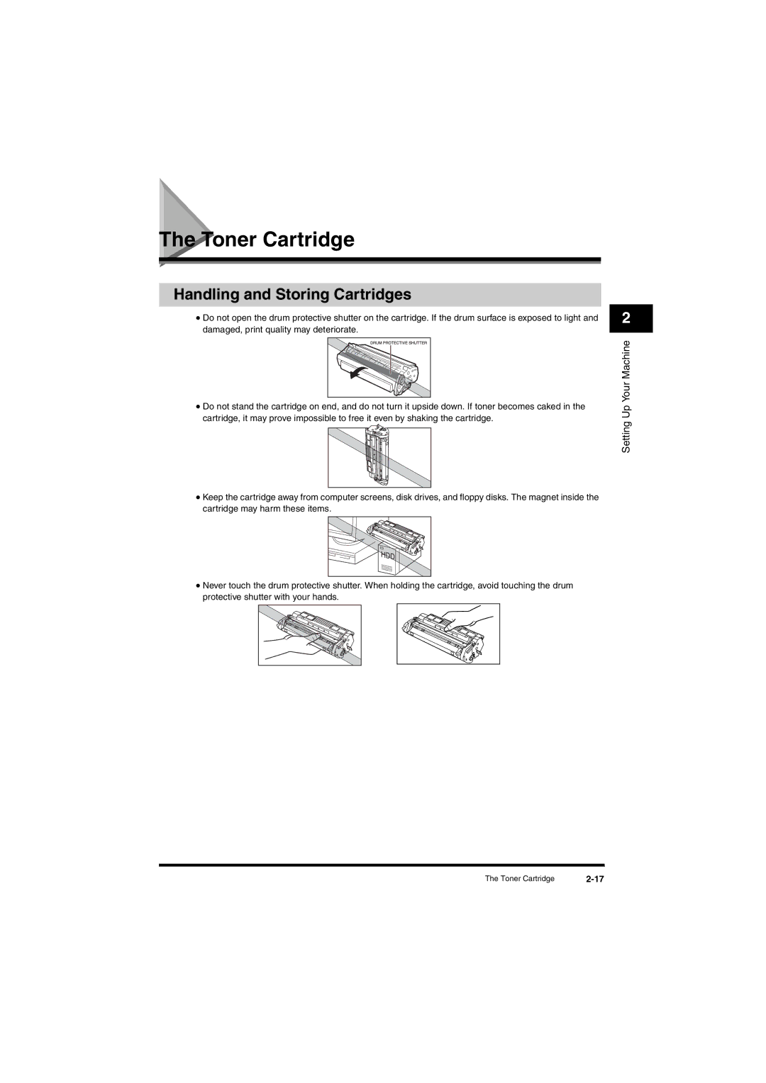 Canon L380S manual Toner Cartridge, Handling and Storing Cartridges 